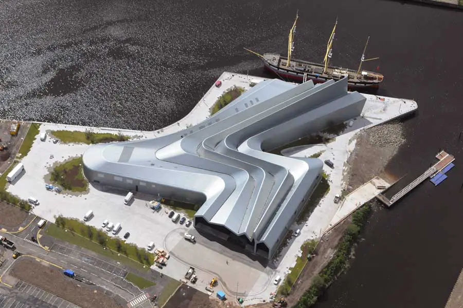 Riverside Museum building Glasgow aerial