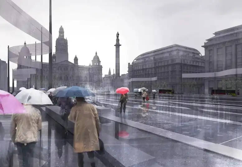 George Square Glasgow people in the rain umbrellas